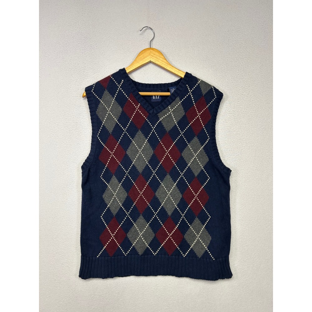 Preppy Academic GAP Mens Medium Navy Blue Argyle V-Neck Cotton Sweater Vest